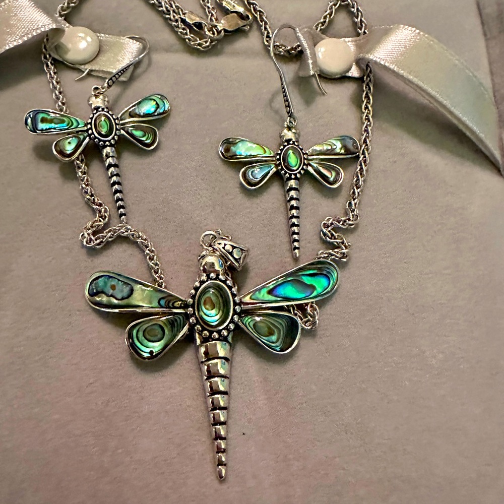Gorgeous dragon fly earring and matching sterling silver necklace